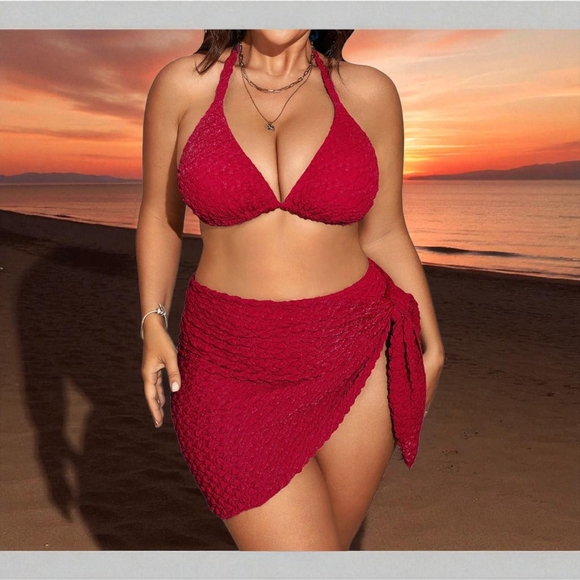 MakeMeChic - 1X Dark Red 3 Piece Bikini Set - Picture 1 of 15